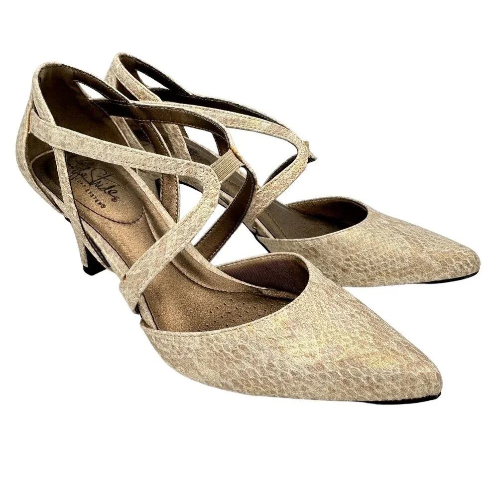 LifeStride Flex Seamless Beige Faux Snakeskin Heels Crisscross Strap 8.5 Pointed - Picture 1 of 9